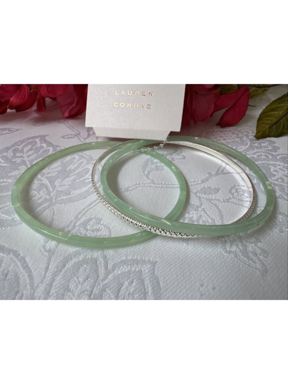 LC Lauren Conrad 3 Piece Dainty Silvertone Mint Green Stacked Bracelet NEW $20